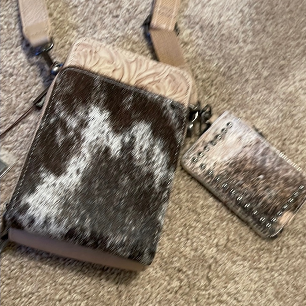 Tan and Brown cowhide and tooled Crossbody Bag